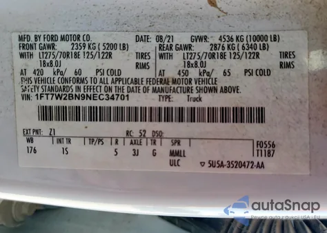 2022 Ford F250 Super Duty z USA, uszkodzony, nr VIN 1FT7W2BN9NEC34701